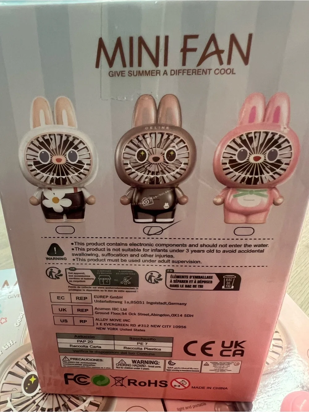 Labubu Cute Bunny Portable Fan - White & Peach